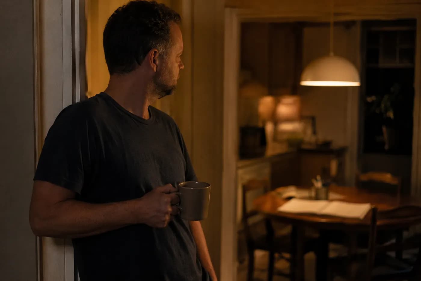 A father in the kitchen doorway with a mug, looking toward the lit table